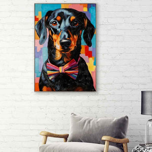 Ein farbiges Gemälde eines Dackels oder Teckels hängt an einer weißen Wand.