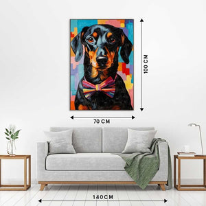 Torträt eines Dachshunds oder Teckel Waldi oder Bodo. Die Maße des Gemälde stehen daneben.