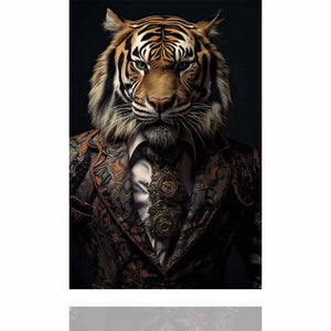 Ein Tiger im Anzug schaut mit fokussiertem Blick von einem Glasbild.