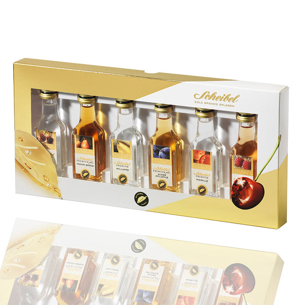 Das Scheibel Obstbrände tasting Set in einer schönen Verpackung zeigt 6 sorten unterschiedlicher Edelbrände aus dem Schwarzwald.