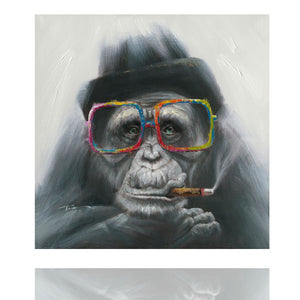 Dieses einzigartige Acrylgemälde präsentiert einen Affen, der mit einer bunten Brille, einem Hut und einer Zigarre in der Schnauze abgebildet ist,