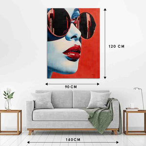 Rotes Gemälde Red Summer mit Maße an einer weißen Wand.