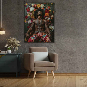 Farbenfrohes Bild eines Reggae Musikers der relaxed in einem Sessel Backstage sitzt. Der Musiker mit dem Hut sieht sehr entspannt aus