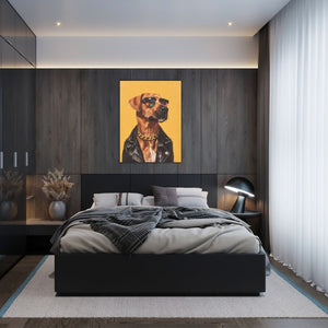 Der treue Freund als Begleiter im Schlafzimmer. An der Wand hängt ein Gemälde von der Hunderasse Rhodesian Ridgeback. Der Rüde ist mit einer Lederjacke, einer dicken Goldkette und einer Sonnenbrille modisch ausgestattet.