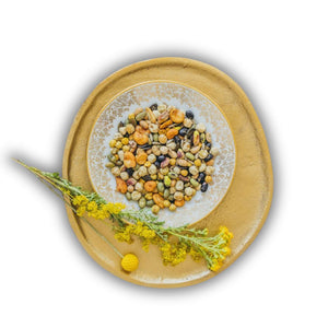 Auf einem Teller sind Nüsse, Kerne, Erbsen und Bohnen als Topping für einen frischen Salat.