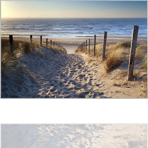 Ein Sandweg führt durch die ünen zum Meer. Rechts und links vom Weg weht das Dünengras sanft im Wind.