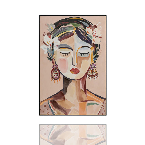 Die Dame auf dem Acrylgemälde schlafende Schönheit, trägt ein farbiges Kopftuch, an dem zarte Blüten befestigt sind. Ihre Ausstrahlung wird durch auffallend große Ohrringe betont.