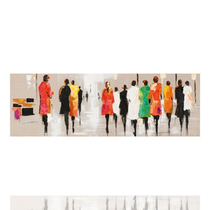 Abstraktes Acrylbild einer Modenschau im schmalen Panorama-Querformat. Gemalte Models in farbenfrohen Designermänteln auf einem Laufsteg. Modernes Kunstwerk für Fashion-Liebhaber.