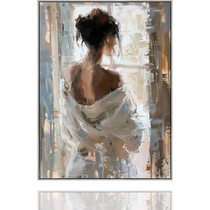 Eine Frau schaut verträumt aus dem Fenster Sie trägt einen Bademantel der ihr von den Schultern rutscht. Dieses handgemalte Acrylgemälde von ImageLand ist ideal für ein Esszimmer oder Schlafzimmer