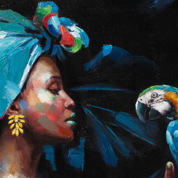 Eine wunderschöne afrikanische Frau schaut auf einen blauen Papagei der auf ihrer Hand sitzt. Auf dem gemälde ist jeder Pinselstrich gut sichtbar.