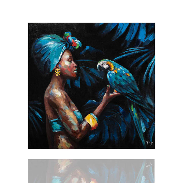 Das blaue Acrylgemälde zeigt eine wunderschöne frau mit einem baluen Papagei. Im Hintergrund sind Palmenblätter. das Gemälde hat die Hauptfarben Blau, Türkis und Gelb. Die Frau hat blau geschminkte Lippen und trägt goldenen Schmuck