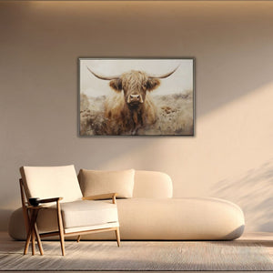 Über einem Sessel und einer Couch hängt ein Gemälde eines schottischen Hochlandrinds an der Wand. Der sanfte braune Riese wirkt beruhigend und wacht über deine kleine Auszeit auf der beigen Garnitur.