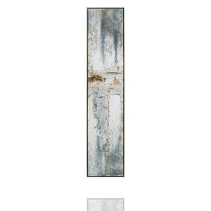 Schmales Acralgemälde in den Farben Silbern, Weiß und Blau mit Metallfolie.