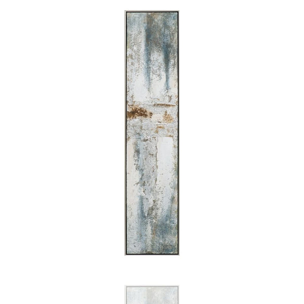 Schmales Acralgemälde in den Farben Silbern, Weiß und Blau mit Metallfolie.