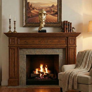 Eine goldene Skulptur eines fragmentierten Gesichts, das den Finger an die Lippen legt („Psst“-Geste), steht mittig auf einem massiven, dunklen Holzkaminsims. Darunter brennt ein gemütliches Kaminfeuer. Flankiert wird die Skulptur links von zwei Messing-Kerzenhaltern und rechts von antiken Büchern, die von Buchstützen in Pferdekopfform gehalten werden. Über dem Kamin hängt ein gerahmtes Gemälde einer Wüstenlandschaft. Rechts im Bild steht ein beiger Sessel, über den eine grob gestrickte Wohndecke drapiert i