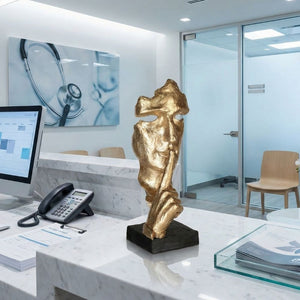 Moderne Skulptur 'Silence is Golden' auf der Empfangstheke einer hellen Arztpraxis