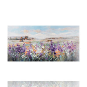 Ein Acrylgemälde mit einer Sommerwiese. Viele Blumen und die Landschaft der Toskana machen dieses Bild im Querformat aus. Die Landschaft hat sanfte Hügel und in der Entfernung sieht man ein kleines Dorf