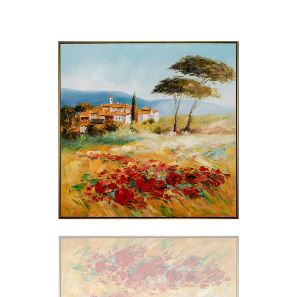 Gemälde einer sommerlichen Landschaft der Toscana. Sanfte Hügel Bäume Felder und ein kleines Dorf ist auf dem Gemälde zu sehen