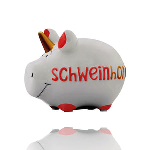 Mit seinem goldenen Horn auf der Stirn ist die Spardose Sparschwein Schweinhorn nicht nur niedlich, sondern auch ein echter Blickfang