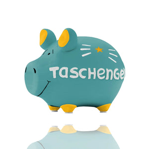 Die türkise Spardose mit der Aufschrift Taschengeld ist nicht nur für Kinder gedacht. Dieses Sparschwein von KCG hilft einfach beim  Sparen und sieht sehr gut aus.