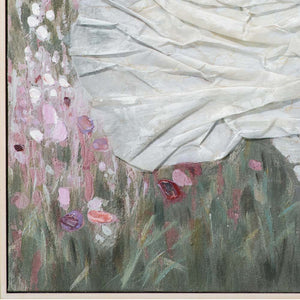 Das Gemälde Spaziergang am Strand besticht durch die Farbharmonie und eingearbeitete Stoffstücke.