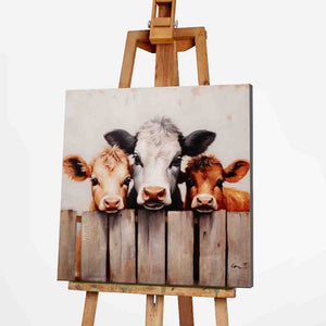 Milky Farm, drei Kälbchen am Zaun, 60 x 60 cm, Acrylgemälde, Imageland