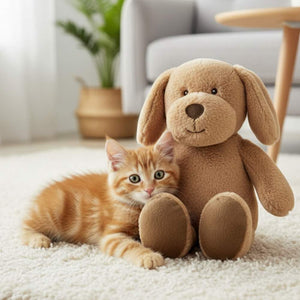 Neben dem Kuscheltier Hund Max liegt ein rotfarbenes Katzenbaby mit weißen Strefen und schmiegt sich an den Hund an.