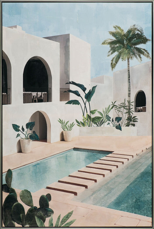 Ein schicker Rahmen ziert das Gemälde einer südländischen Villa mit Pool