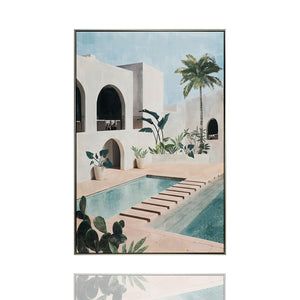 Auf dem Gemälde ist eine südländische Villa mit Pool und mediteraner Bepflanzung zu sehen.