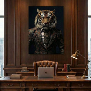 In einem edlen Büro mit viel Holzvertäfelung hängt an der Wand ein Glasbild von einem starken Tiger im Anzug. das Bild strahlt die Stärke eines boss oder Teamleaders aus.