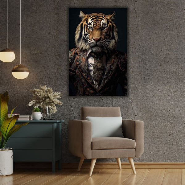 Ein Tiger im Anzug schaut in einem Büro von der Wand in die Menge.
