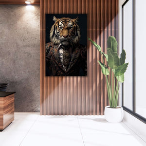 An der braunen Sprossenwand hängt ein Glasbild. Es zeigt einen asiatischen Tiger der in einem schicken Anzug gekleidet ist. der Tiger ist der Boss im Büro.