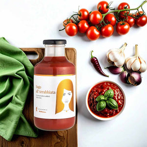 Die scharfe Tomatensauce von Greenomic besteht auch aus Chili, Knoblauch und Zwiebeln . Auf dem Schild der Flasche steht Sugo all Arrabbiata