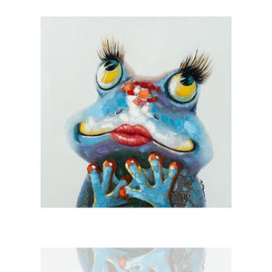 Ein Acrylgemälde auf dem ein blauer Frosch sitzt. Die Froschdame schaut sehr verliebt aus. Sie hat große Augen und einen roten Kussmund.