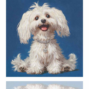 Eine süße kleine Malteserhündin lächelt von einem Acrylgemälde. Sie trägt ein glitzerndes Halsband.