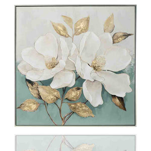 Weiße Magnolienblüten auf einer Leinwand mit goldenen Metallfolie veredelt. Dieses Blumengemälde ist ideal für das Wohnzimmer oder Schlafimmer.