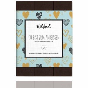 Dunkle edle Zartbitterschokolade mit Spruch, Du bist zum Anbeissen von Wildbach
