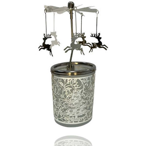 Glas Krusell Windlicht mit Rentier Anhänger. Satiniertes Glas mit einem Tannenbaum und ein drehendes Karusell