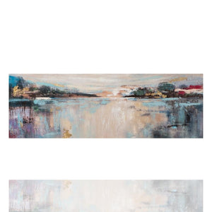 Auf einem Acrylgemälde ist ein See in der Morgendämmerung zu sehen. das Gemälde ist vorwiegend in unterschiedlichen Blautönen abstrakt gemalt.