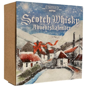 Scotch Whisky Adventskalender 2024 mit unterschiedlichen schottischen Whiskysorten in schöner winterlicher Verpackung