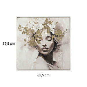 Ein Produktfoto eines quadratischen, gerahmten Gemäldes. Das Kunstwerk ist in einer gedeckten Farbpalette aus Beige, Weiß und Grau gehalten und mit Blattgoldakzenten versehen. Es zeigt das Gesicht einer Frau mit geschlossenen Augen, umgeben von stilisierten Blättern und Blumen. Der schmale Rahmen ist silberfarben. Text unterhalb und links vom Rahmen gibt die Maße mit "82,5 cm" an.

