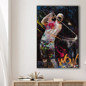 Cross Golfer beim Abschlag. Das Gemälde hat einen schwarzen Hintergrund und farbige Graffitys