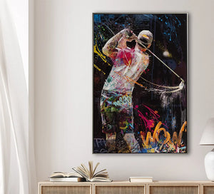Cross Golfer beim Abschlag. Das Gemälde hat einen schwarzen Hintergrund und farbige Graffitys