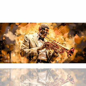 Gemälde Golden Sound von ImageLand. Ein Trompetenspieler vor goldenem Hintergrund