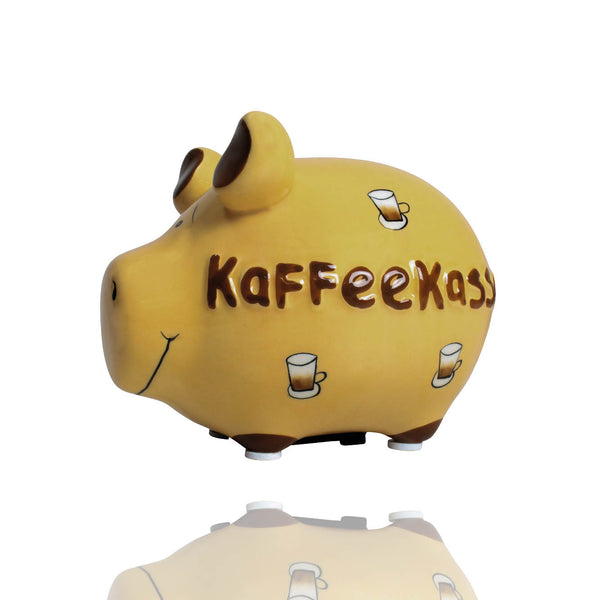 Das gelbe Sparschwein mit der Aufschrift Kaffeekasse von KCG, wird gern auf Theken von Restaurants, Frisören oder direkt neben der Kaffeemaschine aufgestellt.