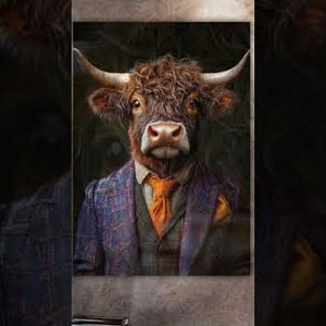 Video über ein schottisches Hochlandrind im Anzug. Acrylgemälde.