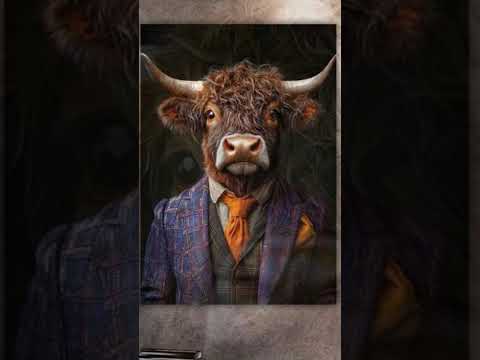 Video über ein schottisches Hochlandrind im Anzug. Acrylgemälde.