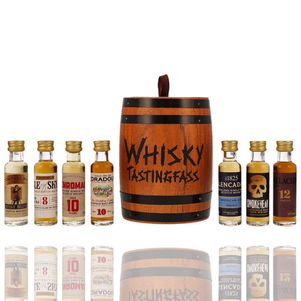 Das schicke Whisky Tasting Fass besteht aus Holz und beinhaltet sieben hochwertige Whiskysorten. Das kleine Whiskyfass ist eine gute Geschenkidee für Whiskytrinker.