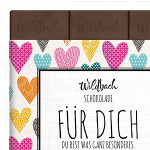 Leckere Vollmilch Schokolade von Wildbach mit einem Spruch: Für Dich, Du bist etwas ganz Besonderes.