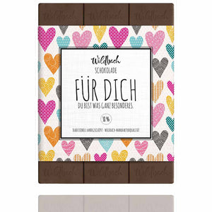 Vollmilch Schokolade von Wildbach mit Spruch - Für Dich - Du bist etwas ganz Besonderes. Auf der Verpackung sind Herzen